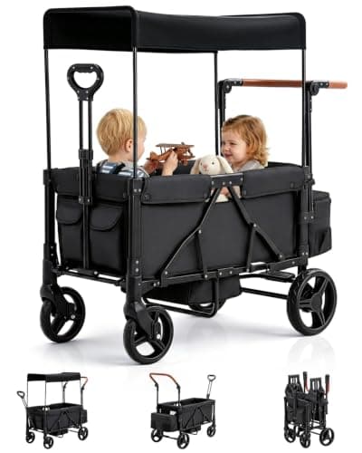 LALAHO Folding Wagon Stroller for 2 Kids with 5-Point Harness, Black