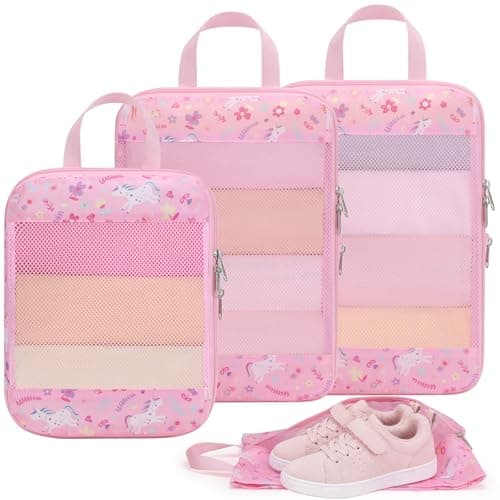 Bagseri Kids Compression Packing Cubes - 4 Piece Travel Set, Pink Unicorn