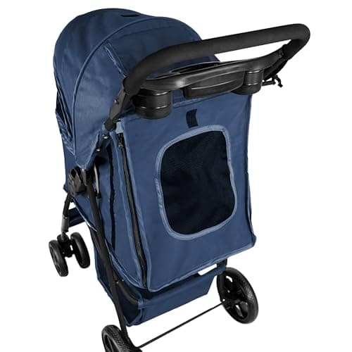 Pet Stroller Pushchair Navy Blue Carrier Foldable Trolley Travel Cart 15kg Capacity 4 Wheels Brakes Cat Dog Safety Hook Leash Cushion Canopy Mesh Windows Basket Cup Holders & Waterproof Rain Cover — view 6
