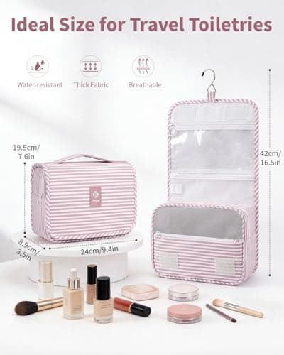 Narwey Hanging Toiletry Bag, Toiletry Bags for Women, Travel Toiletry Wash Bag Women, Toiletries Bag Washbag Makeup Bag Cosmetic Make up Organizer for Essentials (Dusty Pink Stripe) — view 4