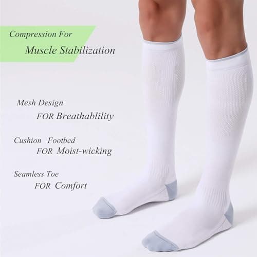 FITRELL 3 Pairs Compression Socks for Women and Men 20-30 mmHg Travel Flight Socks Medical Knee High Socks for Sport, Flying, Carers, Nurse, Pregnant Women, Varicose Veins, Black+White+Grey, S/M — view 4