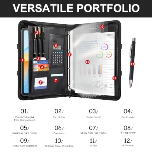 Leathario Portfolio Folder A4, Vegan Leather Conference Folder with Handle, 4-Ring Travel Document Holder with 10 Sheet Protectors, Multi-Pocket Document Folder Organiser, Office Supplies — view 6