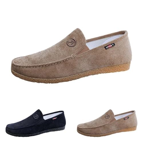 Mens Wide Fit Loafers Slip On Casual Single Shoes Embroidered Textured Rubber Outsole Deck Sneakers Breathable Lightweight Soft Sole Comfortable Trainers for Travel Walking,Khaki, Size 8 — view 3
