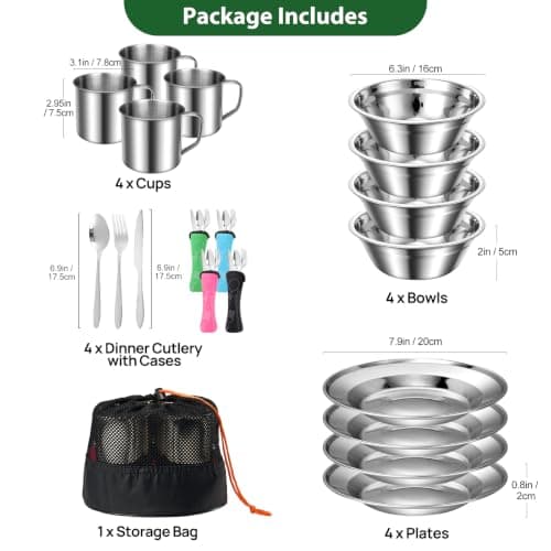 Odoland Camping Cutlery Set - Stainless Steel Tableware Mess Kit Plate Cup Fork Spoon, 7 in 1 Flatware Kit with Mesh Bag - Dinnerware Utensils Set for Outdoor Camping Hiking and Picnic for 4 People — view 2