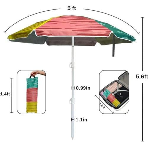 LOTTAFUN 5ft Beach Umbrella Diameter 0.99-1.2 Inch Pole Resistant UV 50+ Portable Sun Shade with Sand Anchor & Carry Bag, Outdoor Folding Umbrella for Beach,Pool,Patio,Garden (3 Color Block) NO Tilt — view 3