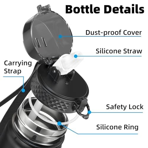 OLDLEY Stainless Steel Water Bottle with Straw 1L Vaccum Insulated Large Drink Flask Metal Water Bottles 1 Litre Leakproof Keep Drinks Hot Cold for Sports Gym Travel Adult Women Men(Black Grey, 1 Lid) — view 2