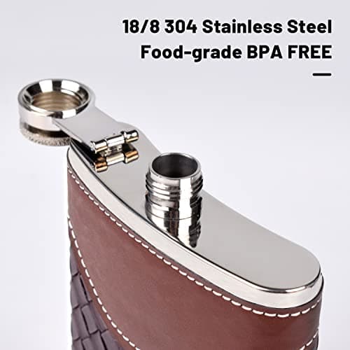 LHD HOME Hip Flasks for Men 8oz Leather Flask Gift Set,304 Stainless Steel Flask Set w/Funnel Shot Glasses Lovely Gift for Whiskey Rum Groomsman Best Man Usher Wedding Camping-Leather Stripe Black8oz — view 3