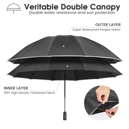 G4Free 54 Inch Inverted Windproof Umbrella, Large Automatic Golf Umbrella with Double Canop and Reflective Strip, Folding Umbrella Compact for Car & Backpack, Black — view 3