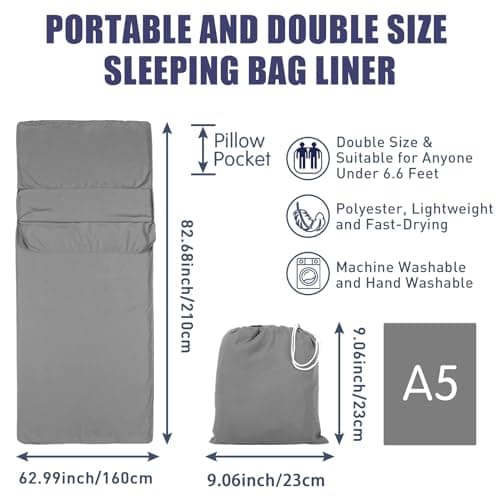 Plliocse Sleeping Bag Liner Travel Sheet Sleeping Bag, Double Size 160 x 210 cm Sleeping Bags Liners with Pillow Pockets for Adults, Travel, Hotels, Business Trip, Camping (Grey, 160cm x 210 cm) — view 2