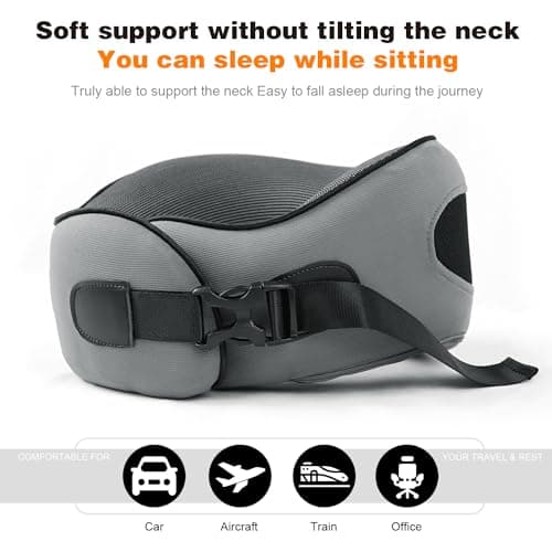 Pacico Travel Pillow, Neck Pillow, 100% Pure Memory Foam Sleeping Pillow for Car, Train and Airplane, Travel Kit with 3D Contoured Eye Masks and Earplugs, Dark Grey — view 3