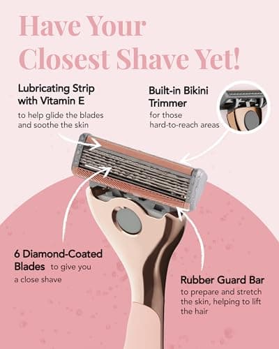FFS Beauty Starter Shaving Set for Women - Premium Metal Razor Handle, Shower Holder, Travel Pouch, 4 SmoothGlide 6-Blade Cartridges with Vitamin E Lubrication Strip (Rose Gold) — view 2