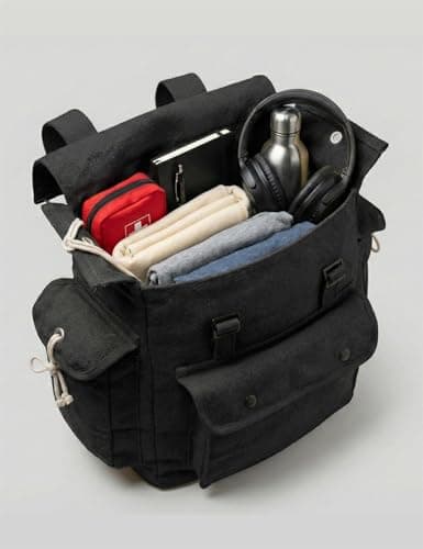 Vintage Canvas Backpack Webbing Rucksack 100% Cotton Army Style Satchel with Side Pockets - Work Travel School Bag - Black — view 2