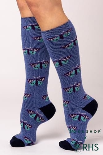 HEAT HOLDERS RHS The Royal Horticultural Society Women's Thermal Socks x RHS 1.6 TOG, Warm, Wellington Boot Socks, Fruit, Floral & Botanical Patterned, Gift, 1 Pair Size 4-8 Butterflies Denim 4-8 — view 2