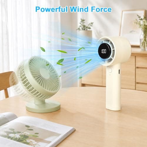 XTDMJ Hand Held Fan, Portable Mini Fan Handheld with 5 Speeds, Electric USB Rechargeable, Mini Desk Desktop Fans with Base for Outdoor Office Travel Camping School Home, Beige — view 6