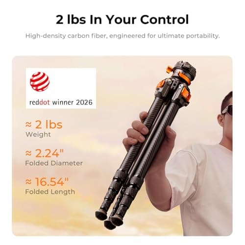K&F CONCEPT 60"/153cm Carbon Fibre Tripod for Camera, 0.9kg Ultra-Lightweight Travel Tripod with ±18° Leveling 360° Panorama Head, Detachable Center Axis, Arca Type QR Plate, 10KG Load Capacity — view 2