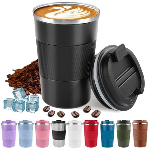 Harindiver Insulated Coffee Cup with Lid, Leak Proof Travel Coffee Mug, Reusable Stainless Steel Vacuum Tumbler, Double Wall Thermal Cup for Hot and Cold Drinks, for Men and Women(3rd-Black, 380ml)