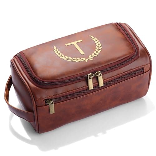 CGFN Mens Toiletry Bags,Personalised Gifts for Men,Personalised PU Leather Mens Wash Bag with Initial Hanging Toiletry Bag Xmas Birthday Gifts (Initial-T, Reddish Brown)