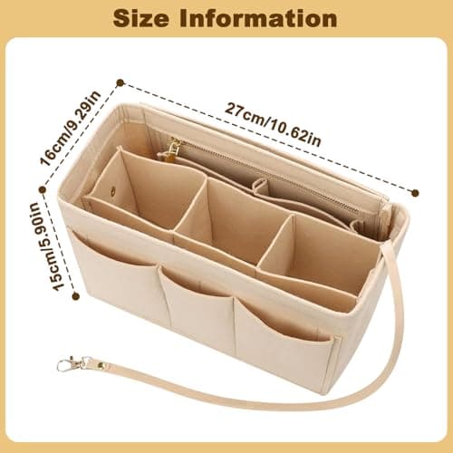 Handbag Organiser Insert with Multiple Compartments & Zips, Beige Multi-Pocket Felt Tote Bag Organisers, 27x16x15cm Large Capacity Storage Pouch, Women Travel Makeup Organizer for Cosmetic Toiletry — view 5