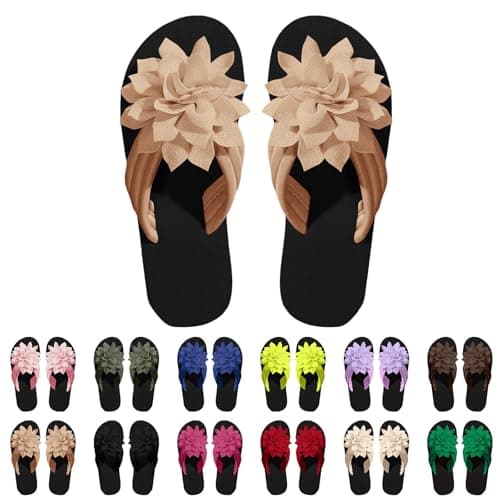 Flower Flip Flops Women Beach Slippers Size 6.5 Boho Open Toe Slip on Flat Sandals Summer Comfortable Yoga Mat Thong Sandals for Pool, Travel Vacation Slippers Flower Khaki Footwear Gift