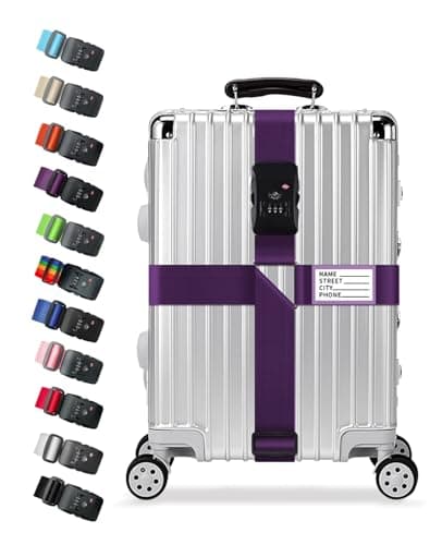 Cross Luggage Straps with TSA Lock, Adjustable Suitcase Belts for 20–32 Inch Luggage, Heavy Duty Travel Straps with 3-Digit Combination Lock & Name ID Tags, Secure Travel Accessories (Purple)