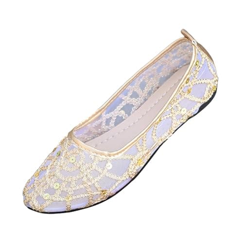 Mesh Ballet Flats for Women Pumps Orthopedic Sequins Dolly Shoes Wide Fit Round-Toe Non-Slip Breathable Summer Ladies Shoes Walking Office Holiday (Gold 7.5 UK/Foot Length 26.5cm)