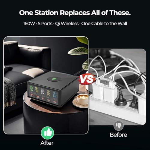 USB Charger Station Multi Port: Desktop 160W Power Fast Charging Hub Wall Block PD 3.0 – 5 Ports with Wireless Pad & Digital Display — view 6