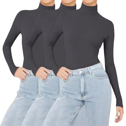 YCBMINGCAN Pack of 3 Women's Thermal Shirt Long Sleeve & Turtleneck Shirt Lightly Lined Soft Basic Top with Stand-Up Collar Thin Fleece Undershirt Winter Tops for Women, #1-grey, M