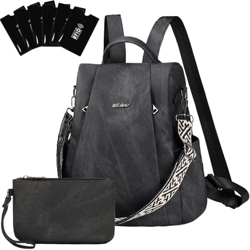 Eshow Womens Backpack Anti Theft Waterproof, Ladies Rucksack Vegan Leather Fashion, Daypack Small MakeUp bag With RFID, Handbag Shoulder For Travel School Work Light Black