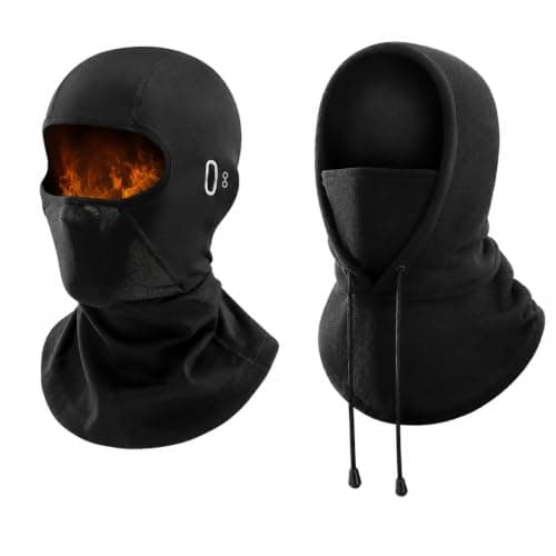 DOINEUFL 2 Pack Balaclava for Men Women, Thermal Fleece Ski Mask with Glasses Hole, Winter Hooded Face Cover with Drawstring for Motorcycle, Cycling, Snowboarding and Running Black