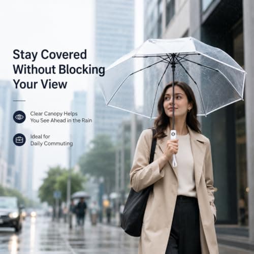 PAXQNVTR Compact Clear Umbrella, Auto Open Close Folding, Transparent, 8 Rib Tri Fold, Travel Rain Umbrella for Women and Men, White Trim (White) — view 4