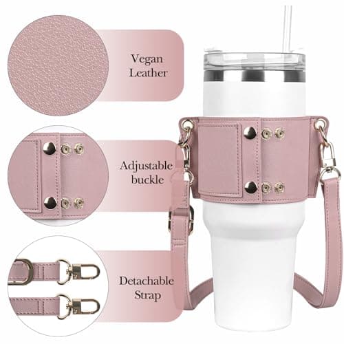 Linkidea Vegan Leather Water Bottle Carrier, Compatible with Stanley Quencher H2.0 30oz/40oz, Simple Modern 40oz Tumbler, Pink — view 4