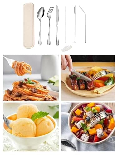 QZLSAYSL 8-Piece Travel Cutlery Set, Reusable Stainless Steel Flatware with Storage Box, Suitable for School, Travel, Camping (Beige) — view 3