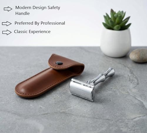 Classic straight beard grooming trimmer safety kit shaving face razors for men with brown leather travel case, chrome-plated metal shaving tools beard kit for men grooming — view 4