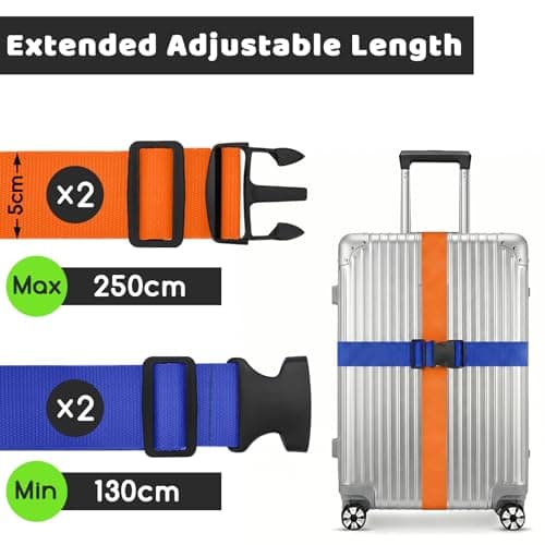 WISYOK Luggage Straps Extended, 4 Pack, 130-250cm Adjustable, Blue Orange — view 2