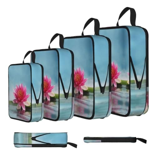 Lotus Flower Bamboo Compression Packing Cubes 4 Set,Travel Luggage Organizers With Smooth Dual Zippers,Water-Resistant Suitcase Storage Bags