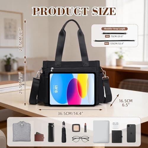 Bagtopia Nylon Tote Bag for Women, Multi Pockets Crossbody Purse for Work Travel, Waterproof Shoulder Bag with Zipper (Black) — view 5