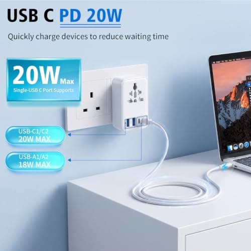 UK to Worldwide Travel Adapter,Thin PD20W Universal Plug Adapter with 4 USB — view 4