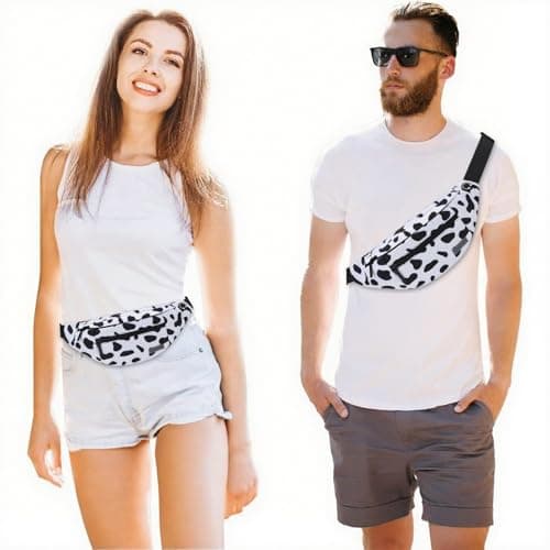 MAXTOP Large Bumbag Waist Fanny Pack Running Belt for Men Women Unisex Bum Bag with Headphone Jack and 4-Zipper Pockets Adjustable Belt for Travel Running Jogging Workout Hiking Gifts Cow Print White — view 2