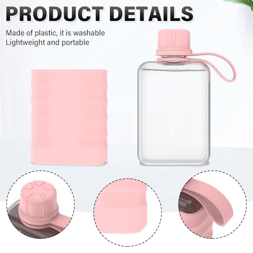 2Pack Slim Flat Water Bottle, 240ml Mini Portable Travel Liquor Flask with Silicone Sleeve, BPA Free Clear Small Flask, Leakproof Pocket Drinking Bottle for Alcohol, Juice, Gym & Office (Pink) — view 3