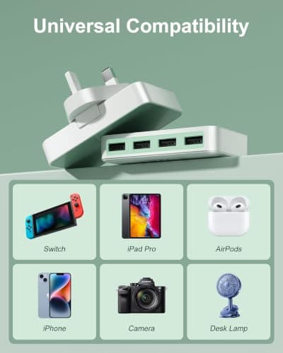 USB Charger Flat 25W, 4 Port Multiple Travel Adapter Charging Block,4 USB-A Plug Fast Chargers for iPhone, Samsung, iPad, AirPods(Green, 25W 4A) — view 3