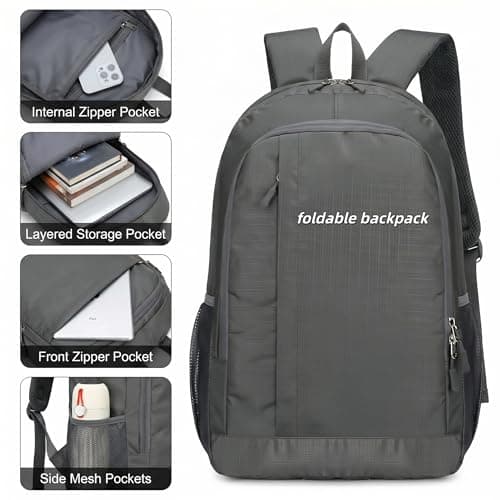ROSSRORE Foldable Backpack 20L, Ultra Lightweight Packable Travel Daypack for Men Women Hiking Camping, Water Resistant Rucksack Folds into Pocket for Outdoor Sports Travelling Solid Black — view 4