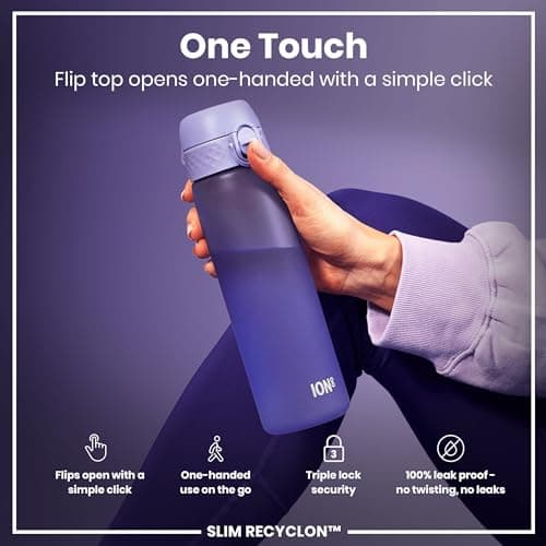 Ion8 Water Bottle, 500 ml/18 oz, Leak Proof, Easy to Open, Secure Lock, Dishwasher Safe, BPA Free, Hygienic Flip Cover, Carry Handle, Fits Cup Holders, Easy Clean, Carbon Neutral, Purple — view 3