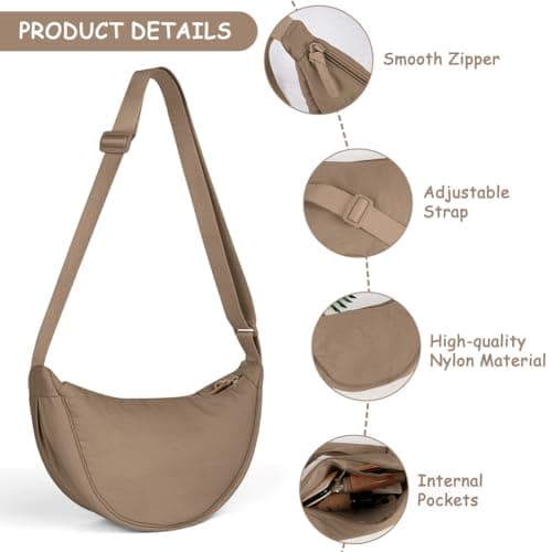 Aucuu Crescent Bag, Nylon Dumpling Bag for Women, Hobos Crossbody Bag with Adjustable Strap, Women's Casual Messenger Bag, Solid Color Chest Bag Shoulder Bag for Daily Use, Khaki — view 6