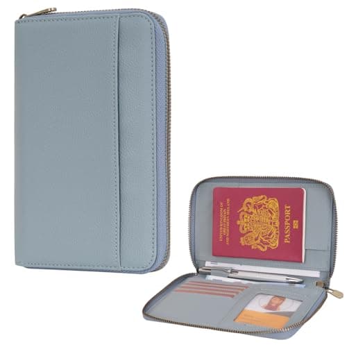 WASON Leather Zipper Travel Passport Wallet Holder RFID Blocking Cover, Passport case Pocket Slot for Card, Cash, ID, Boarding Pass and Ticket for Men, Women and Family Trips (Blue)