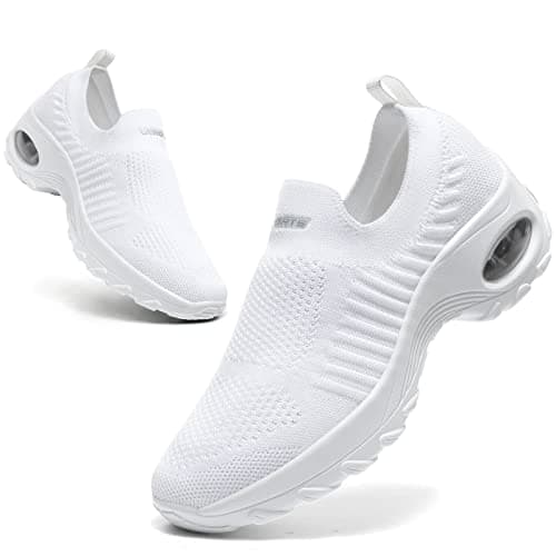Womens Walking Shoes Slip On Trainers Arch Support Shoes Lightweight Running Shoes for Plantar Fasciitis Orthopedic Comfy Nurse Shoes White UK 6.5
