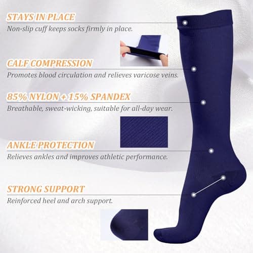 2 Pairs Compression Socks for Women & Men,Flight Socks Compression Stockings Knee High Pressure Support Flight Stockings for Maternity Pregnancy Nurses Flying Varicose Veins (Black+Navy, L/XL) — view 2