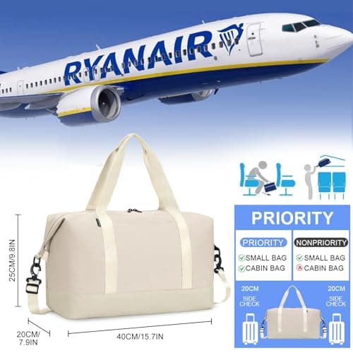 Flintronic 40x20x25CM for Ryanair Cabin Bags, 20L Underseat Hand Luggage, Foldable Travel Duffel Bag with Removable Wet Pocket and Shoulder Strap, for Travel Women Men - Beige — view 2