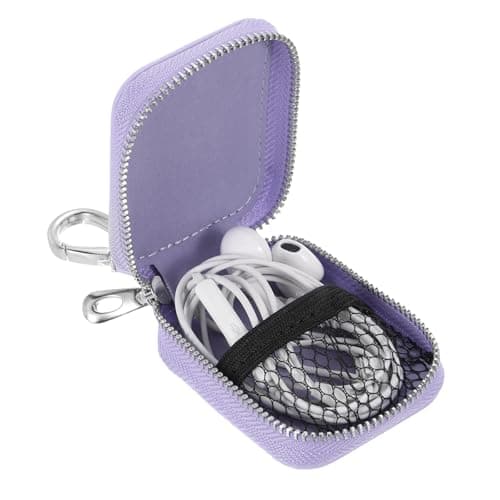 sourcing map Earbuds Cases, Earphone Case Holder, PU Leather Ear Buds Case Zipper Organizer Small with Mesh Pocket for USB Cable, Wireless Wired Earphones, Purple — view 3