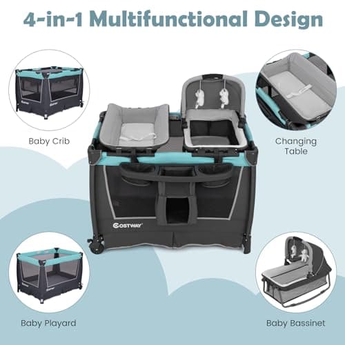 COSTWAY 4 in 1 Foldable Travel Cot, Portable Baby Bed Playard with Bassinet, Changing Table, Cradle, Wheels and Carry Bag, Nursery Center for Boys and Girls (Mint Green) — view 2