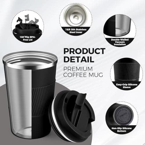 Volhoply 380ml 13oz Stainless Steel Insulated Travel Coffee Mug with Fip Lid,Reusable Double Wall Vacuum Metal Coffee Cup,Portable to Go Leak Proof Cafe Tumbler for Hot & Cold Drinks(Black,1) — view 3